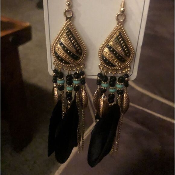 Black gold and teal bohemian feather drop earrings w dangle rope fringe tassel - Picture 4 of 7